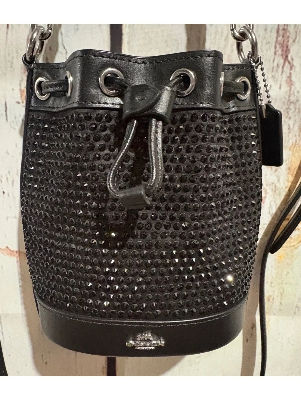 Coach Black Crystal Embellished Leather Bucket Bag with Adjustable Strap CX213